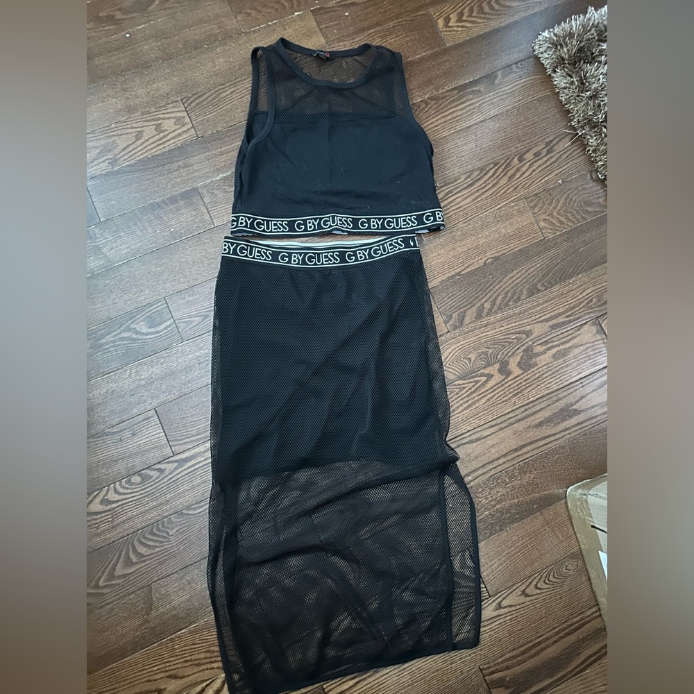 GUESS Black mesh crop top and skirt set